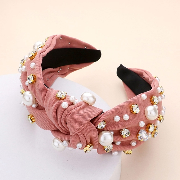 iFashionBox Accessories - Pink Pearl Rhinestone Knot Headband Hair Bling Sparkle Crystal Jewel Statement